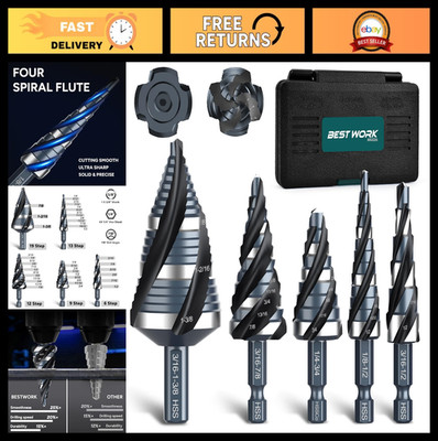 5PCS Spiral Flute Step Drill Bit Set 1/8''-1-3/8'' High-Speed Steel Unibits for Me