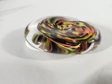 Art Glass Paperweight - Flat Egg Shapped - Clear with Multicolor Swirl