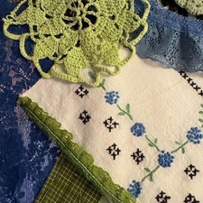 Vintage Blue Green Fabric Scrap Bundle Lace Embroidery Crochet Junk Journal L