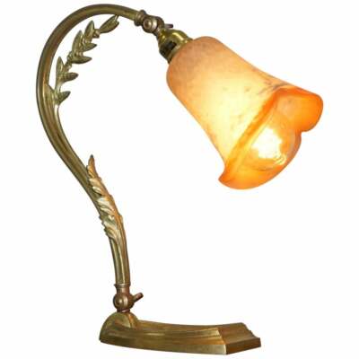 ATEMBERAUBENDE UM 1930 CHARLES SCHNEIDER GOLD VERGOLDET BRONZE TISCHLAMPE GLASSCHIRM