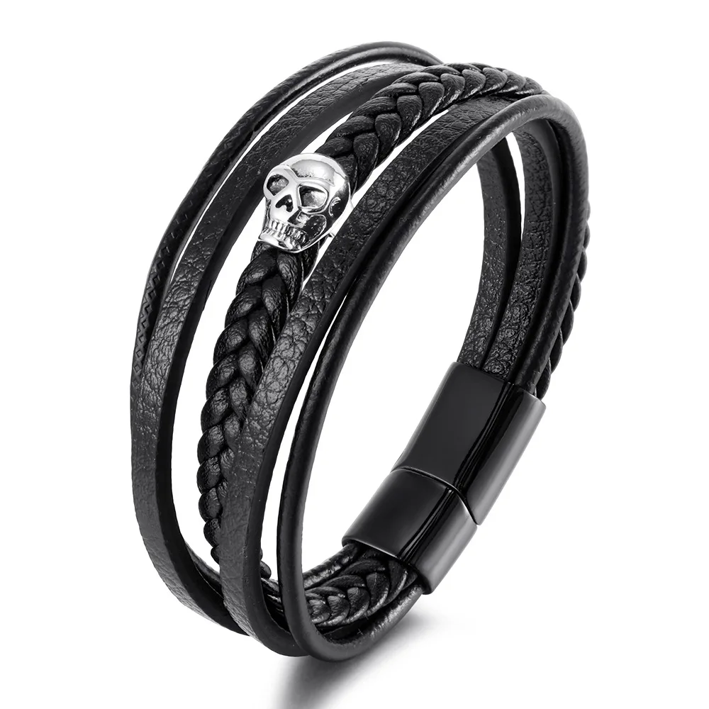 Black Skull Leather Bracelets for Mens Stackable Braided Cuff Bracelet