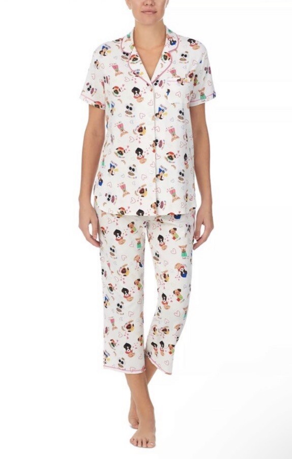 NWT CUDDL DUDS Women's Short Sleeve Notch-Collar Capri DOG PRINT Pajama Set
