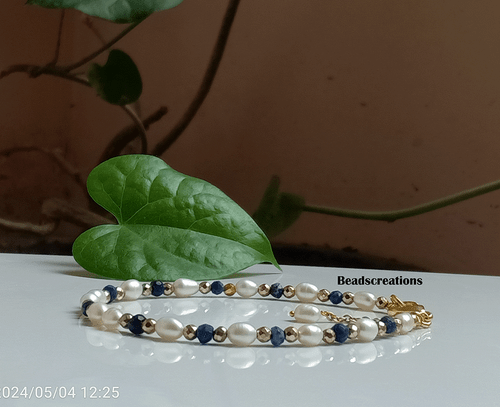 Bracciale Perla Bianca e Lapislazzuli Pirite Gioielli Perline Regalo per Lei - Foto 7 di 8