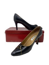 Vintage Italian Bally Silvia Black Leather Gold Trim Pointed Toe Heels With Box