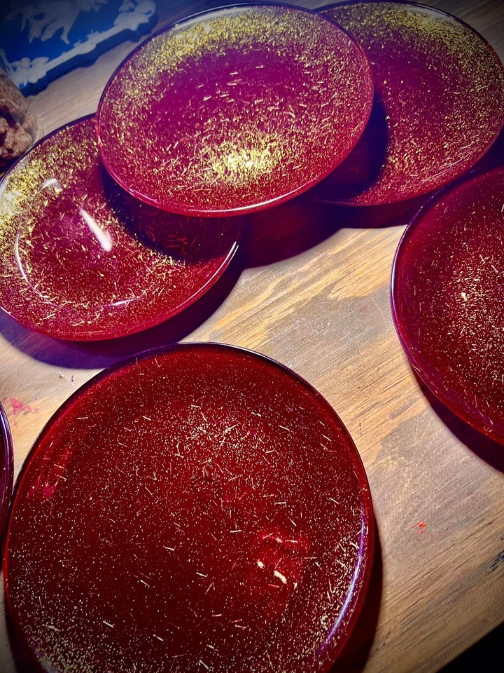 Crate & Barrel Red & Gold Glitter Appetizer Plates 5 7/8”- Dazzle Design! - Image 2 of 4