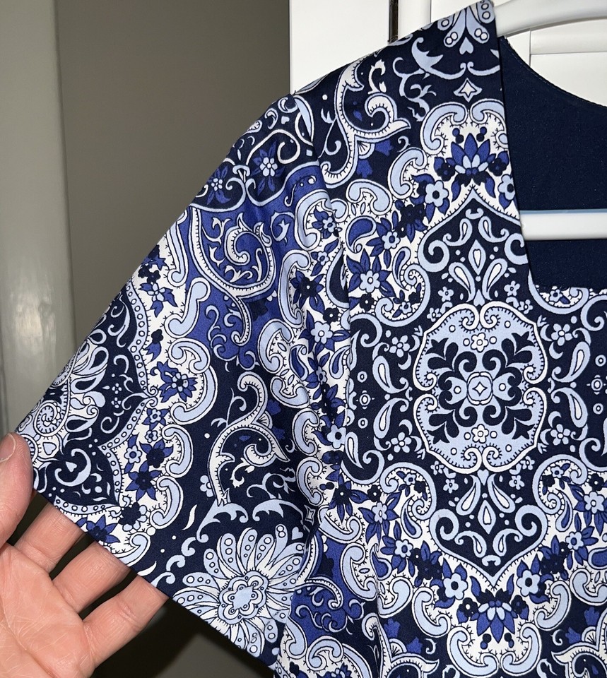 Talbots blue and navy paisley print square neck sateen cotton pencil