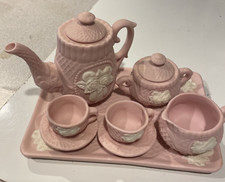 Miniature play Pink Ceramic Tea Set Cream/sugar  2 cups and saucers no chips