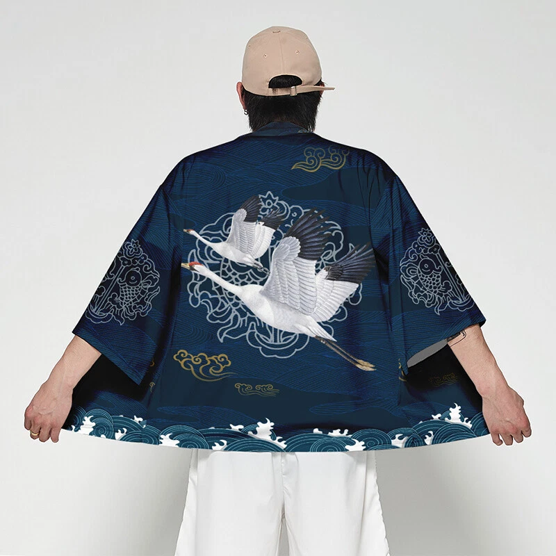 Unisex 3/4 Ärmel Strickjacke Kimono Bedruckt Top Lockere Bluse Sommer Yukata - Bild 4 von 4