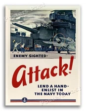 1940s Enemy Sighted - ATTACK! WWII Historic War Poster - 24x32