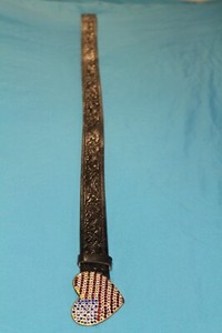 Vintage Cache Engraved Leather Belt with Rhinestone Flag Heart Buckle size small