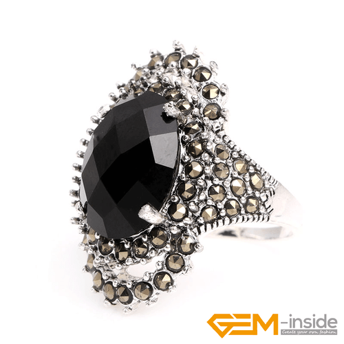 Natural Oval Gemstone Marquis Marcasite Beads Silver Jewelry Ring Size #6#8 Gift - Picture 2 of 55