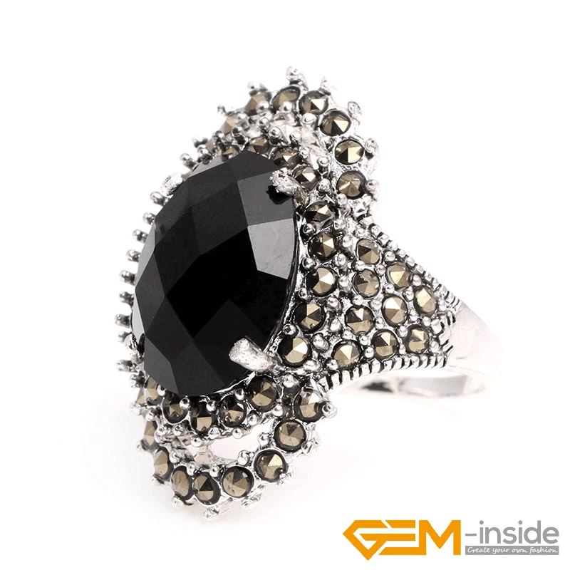 Anillo Joyería Plata Cuentas Marqués Marcasita Piedras Preciosas Ovaladas Naturales Talla #6#8 Regalo Foto 2 de 4