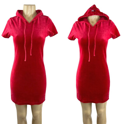 Y2K Mini Dress Size M Red Velour White Stripe Hood Sporty Tommy Hilfiger 2003