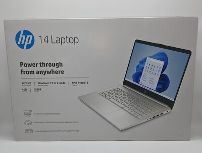 NEW HP 14'' FHD AMD Ryzen 3 3.5GHz 128GB SSD 4GB RAM Silver Windows 11 Laptop