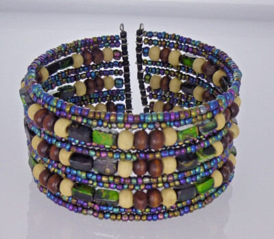 Bracelet manchette femme pierres et perles multicolores, bois et