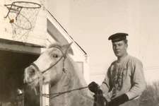 C.1940 WACKY HORSE COLORADO USN CAP SAILOR, BASKETBALL HOOP IN SNOW PHOTO F11