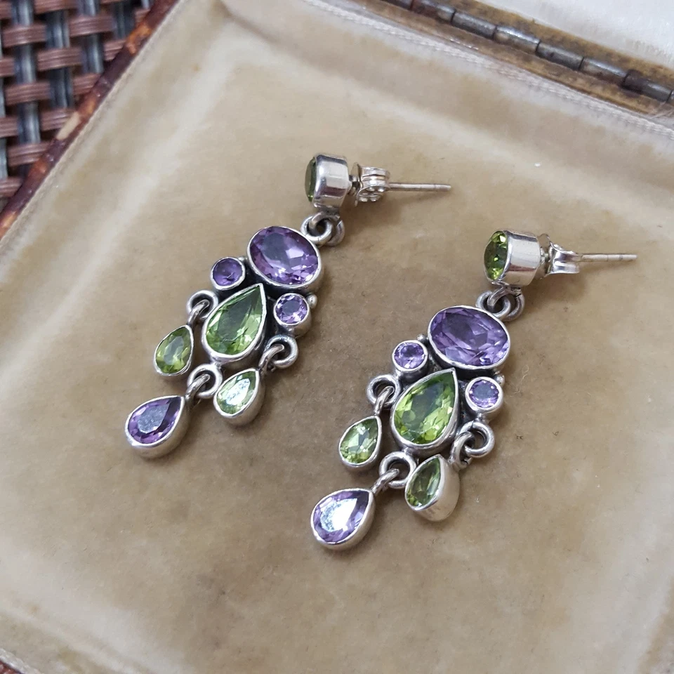 Qvc 925 Sterling Silver Earrings, Multi Gemstones Dangle, Amethyst, Peridot - Image 2 of 4