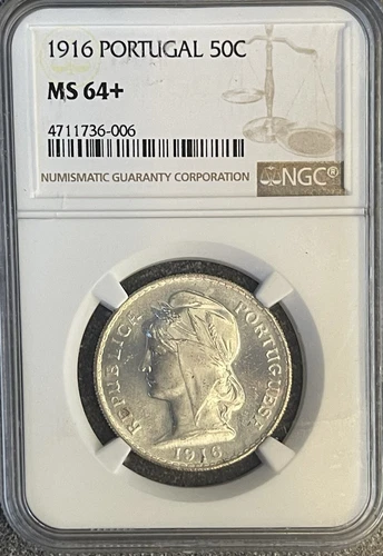 1916 Portugal Silver 50 Centavos NGC MS 64+
