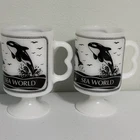 VTG Sea World Shamu & Dolphins Pedestal Mug Milk Glass Coffee Lot Of 2 Mint