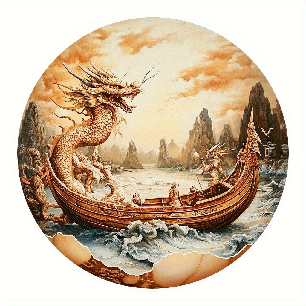 Vintage mountains-seas ink round aluminum, mythical art