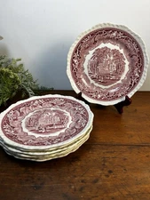 Set Of 7 Mason's Vista Red Pink Ironstone 8.5” Salad Dessert Plates England READ