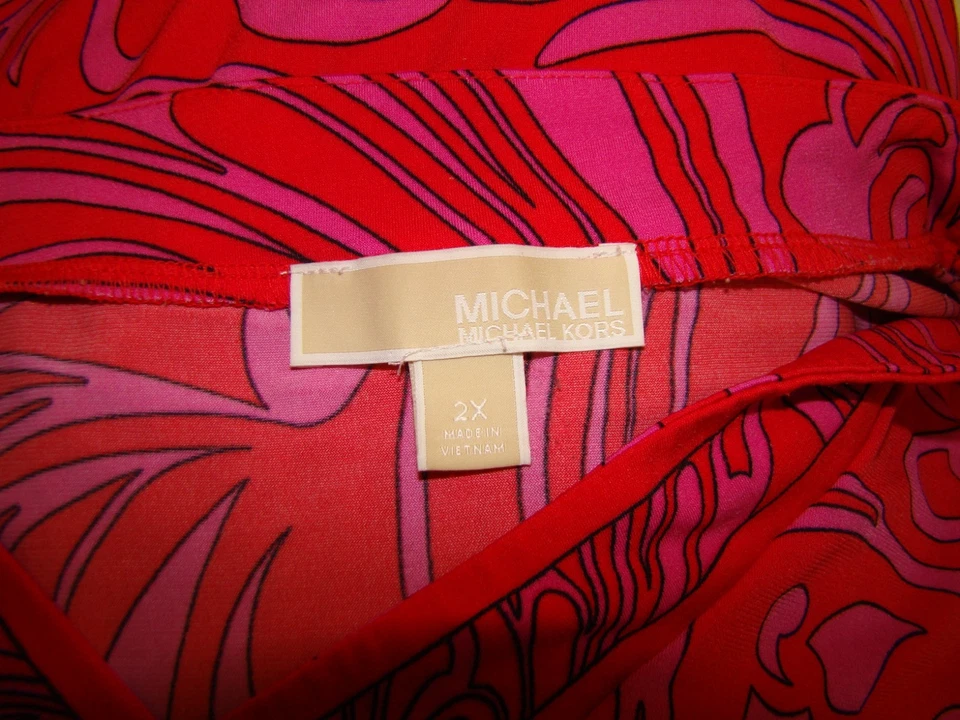 Michael Kors Womens Plus V-neck Tunic Top Red Pink Bell Sleeve Blouse 2X  A131 - Image 2 of 4