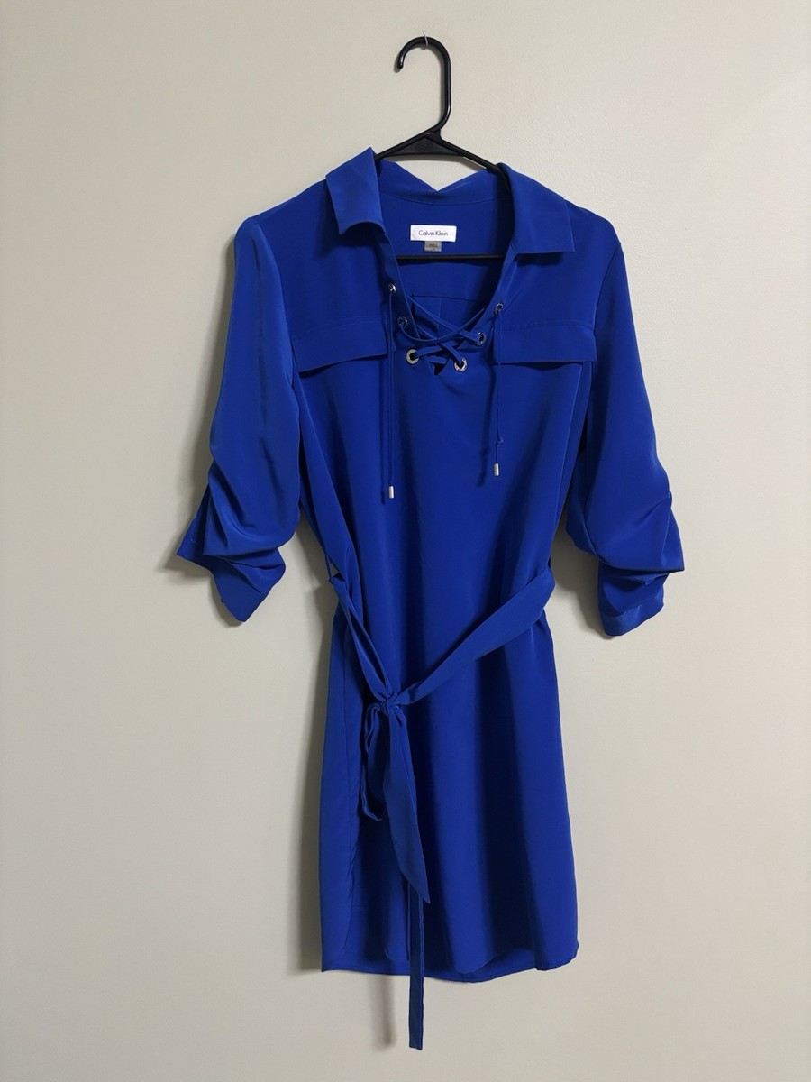 Calvin Klein Dress Cobalt Blue Size 10 Belted Roll Tab Sleeves Long Or Short