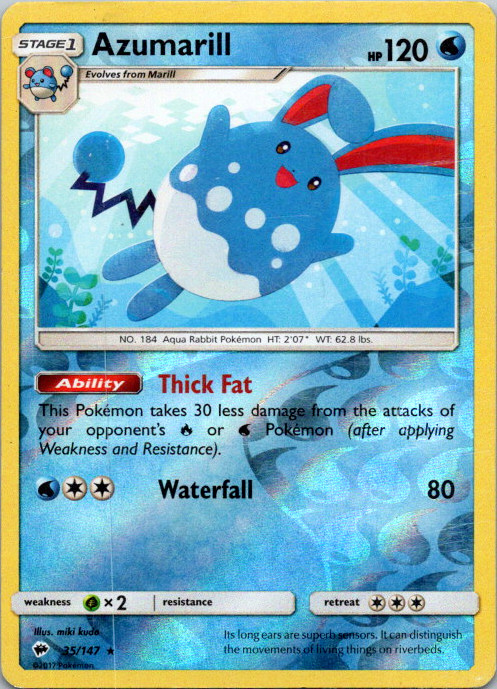 Azumarill 35/147 2017 S&M Burning Shadows Pokemon Card TCG Reverse Holo Rare VLP