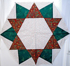 Hexagon Table Topper Green Maroon White Star Fabric Pieced Quilt Top 39"