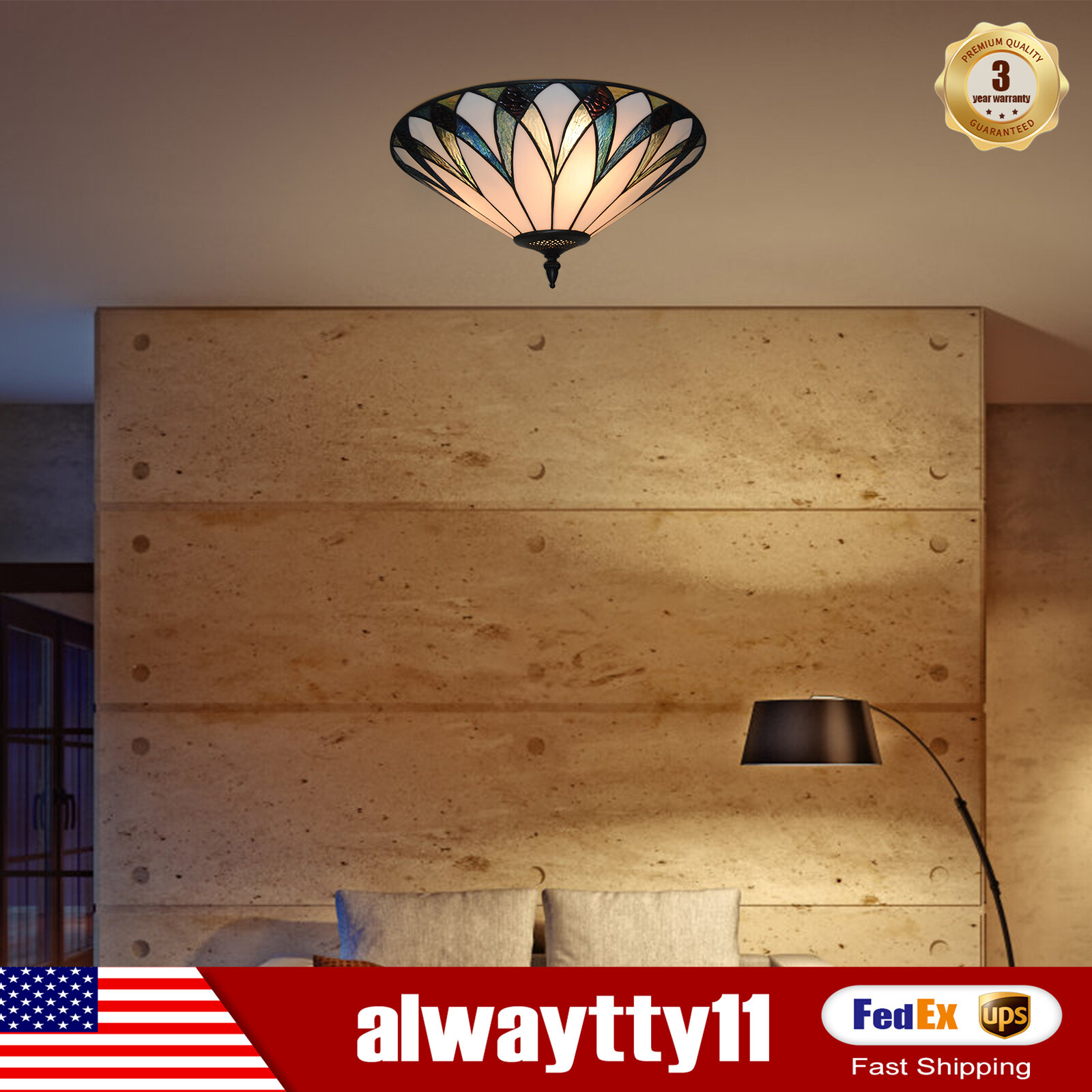 3-Light Retro Tiffany Style Ceiling Light Chandelier Stained Glass Lamp Fixture