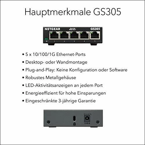 NETGEAR GS305 Switch 5 Port Gigabit Ethernet LAN Switch Metallgehäuse - Bild 3 von 6
