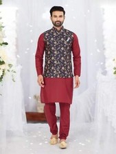 Maroon Color- Traditional Men's Kurta Pajama with Jacket  Ethnic Wear for Men-23
