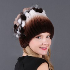 Womens Real Rex Rabbit Fur Hat Winter Warm Kn...