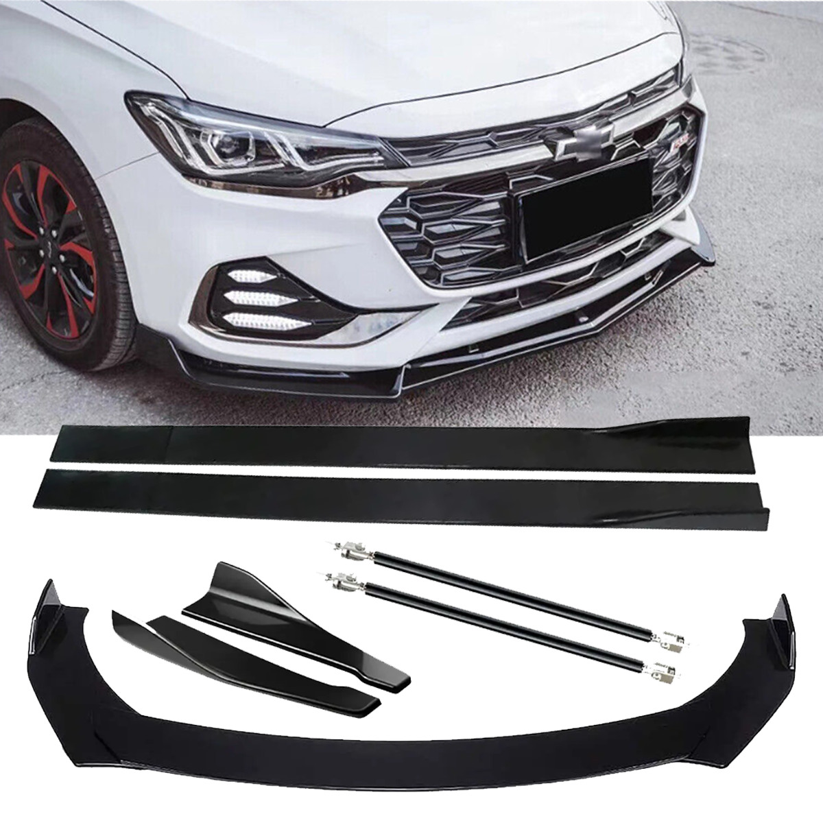 Glossy Black Front Lip Spoiler and Side Skirts for Chevy Cruze