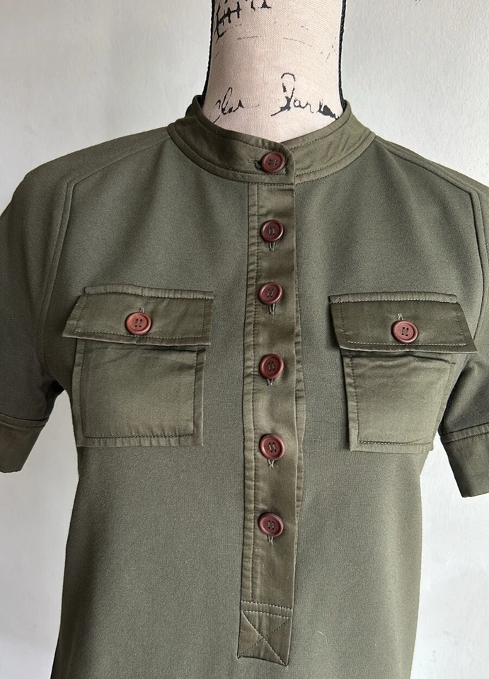 Diane Von Furstenberg Satin Trim Military Shirt Dress Olive Green Size 2 - Image 4 of 4