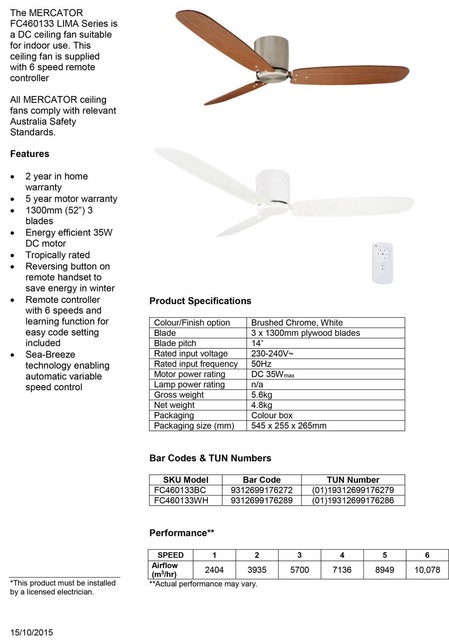 Mercator Lima 1300 Dc Ceiling Fan White Fc460133bc For Sale Online