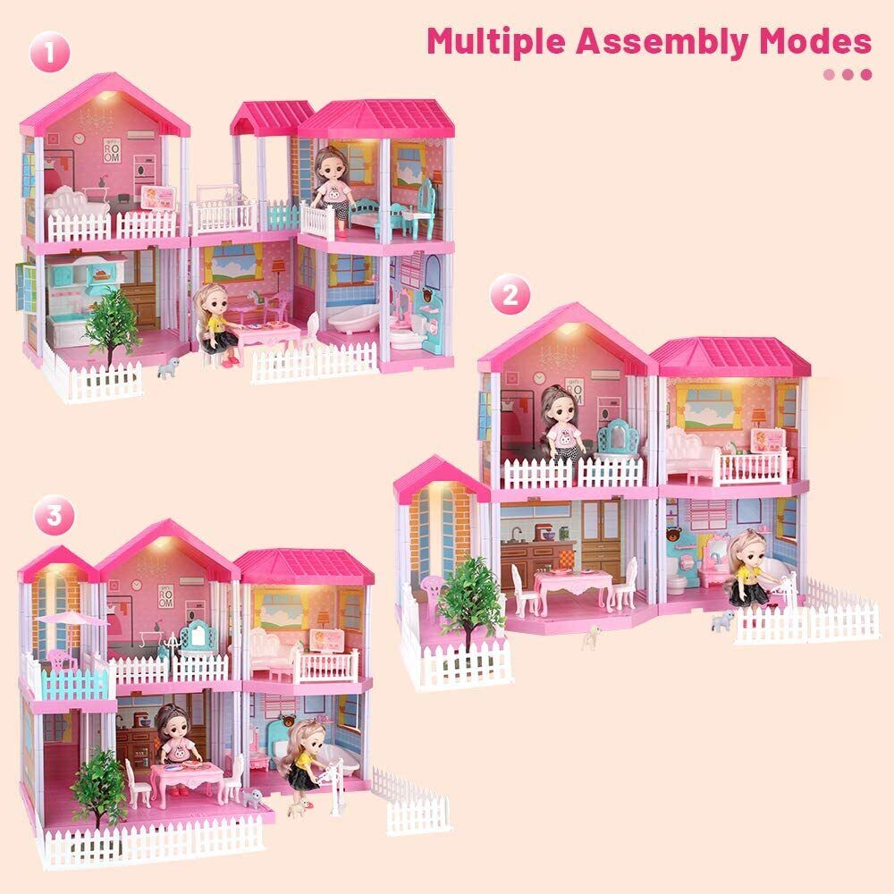 STEM Doll House Colorful Light 11 Rooms Huge Dollhouse with 3 Doll Gift for Girl