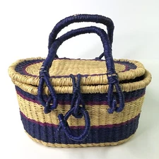 Picnic Basket Handbag Fair Trade Artisan Color Natural Purple Berry Hand Woven