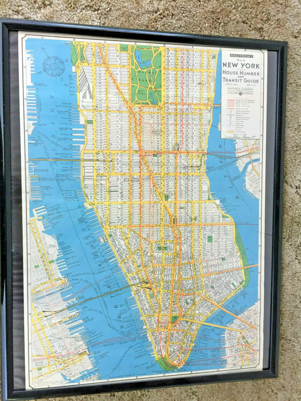 Framed Vintage Hagstrom's Map of New York House Number & Transit Guide