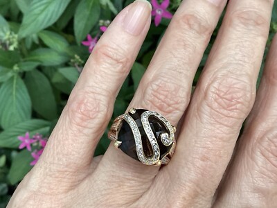 14k Smokey Topaz Quartz Checkerboard Cut Diamond Ring 9.1 grams