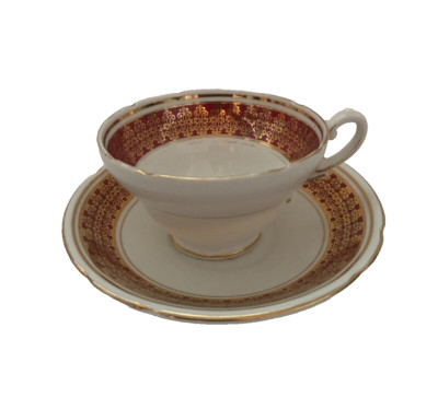 Staffordshire Cup & Saucer Fine Bone China England White Red Gold Stanley