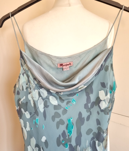 Vintage Monsoon Devore Silk Evening Dress Blue Cowl Neck Bias Cut Long Maxi UK16 - Picture 7 of 10