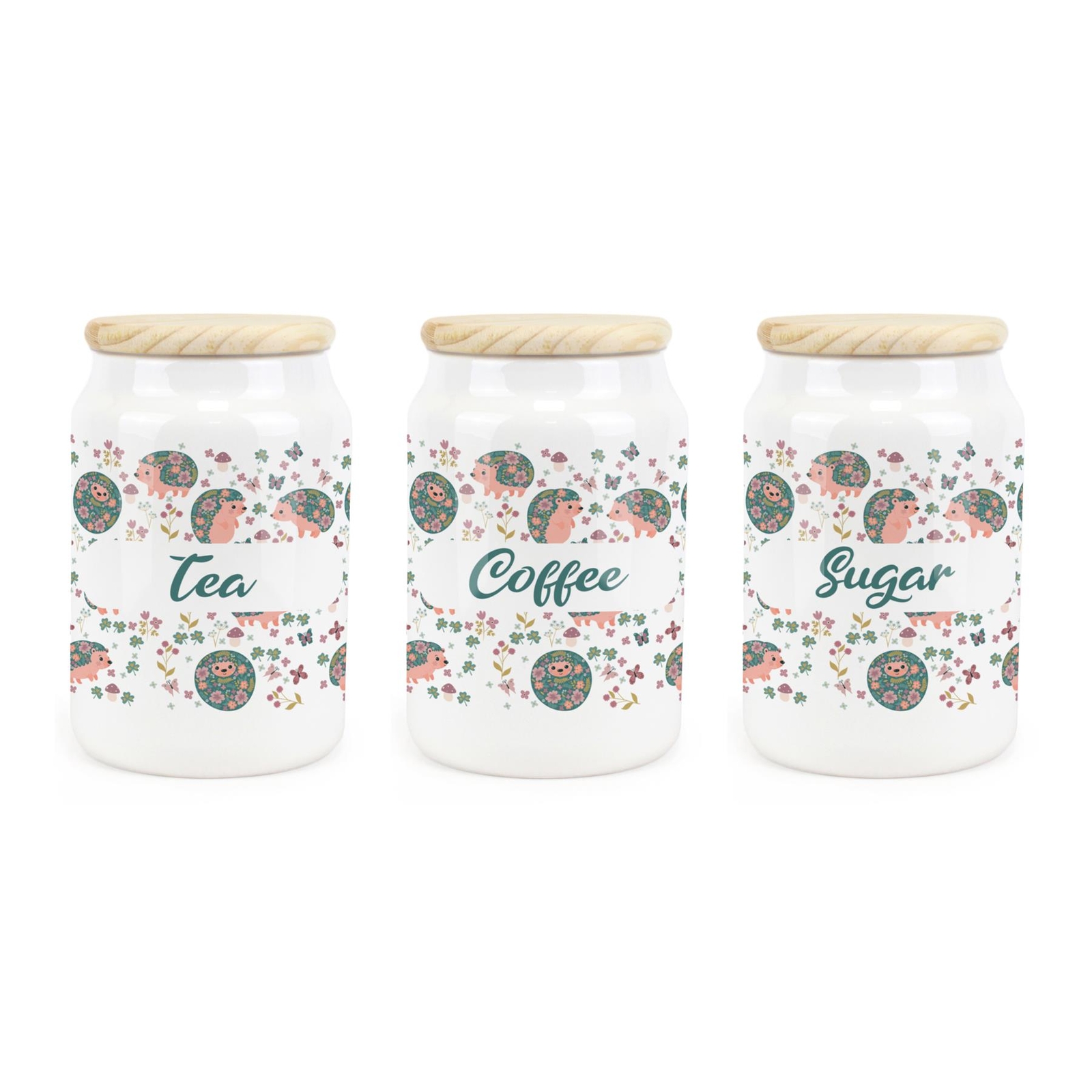 Ceramic Tapered Hedgehogs & Flowers Canisters - Tea, Coffee & Sugar Containers
