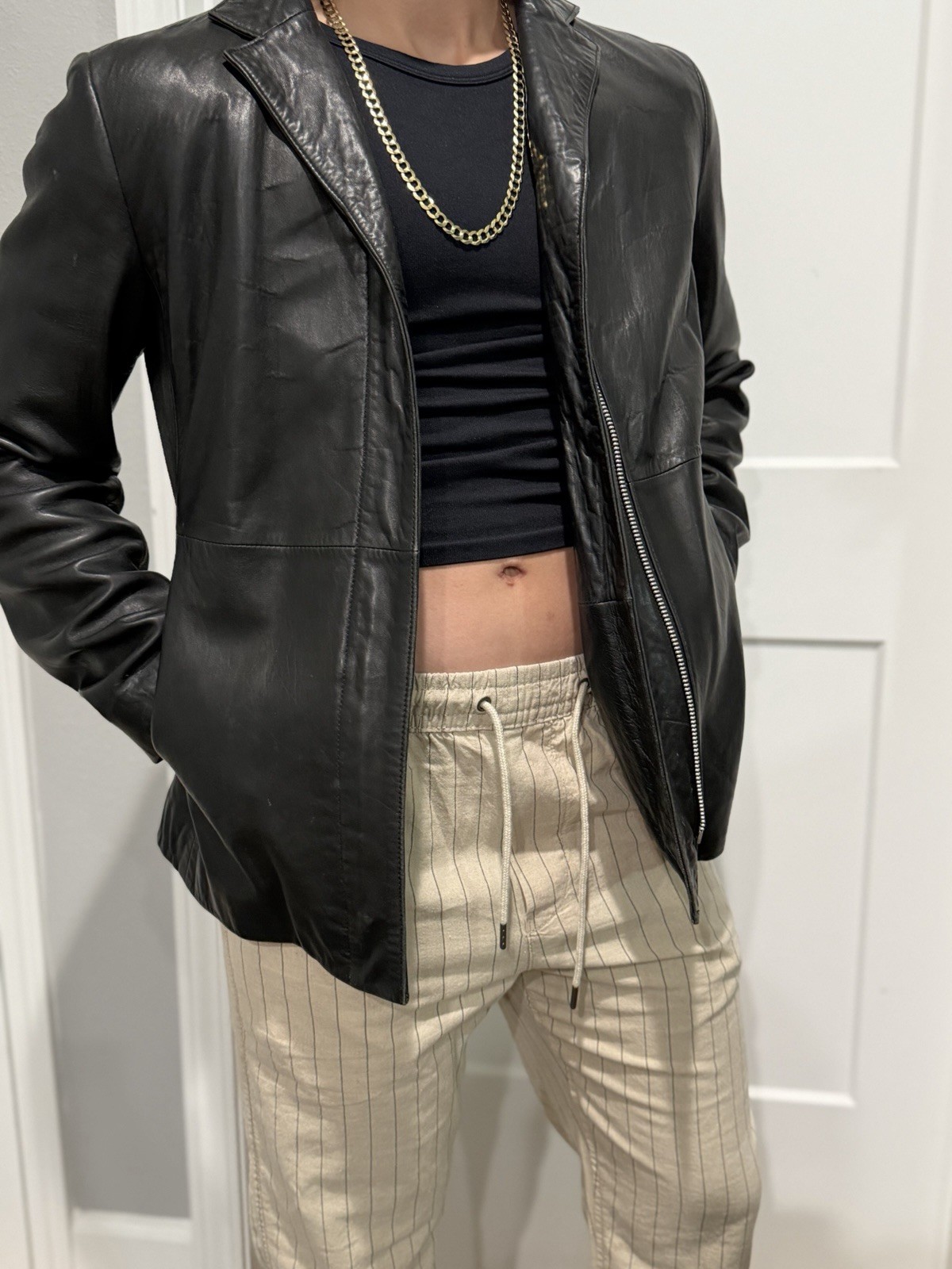 Y2K Banana Republic Women’s Leather Zip Jacket Black Mid-Length Sz S