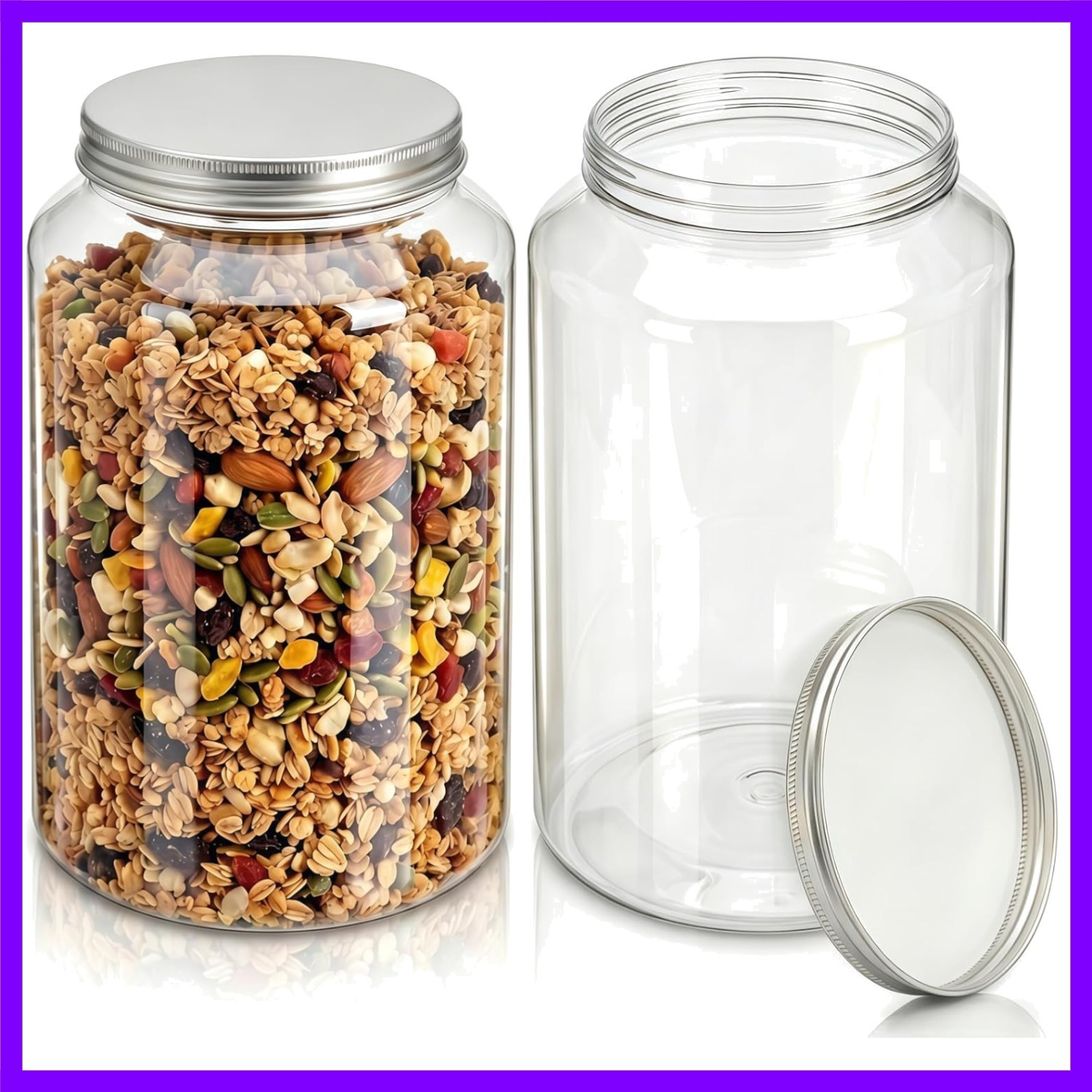 2 Pack 1 Gallon Clear Plastic Jars, Large Food Storage Containers with Alumin...