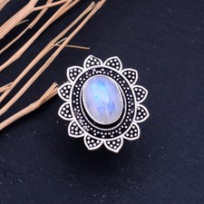 Natural Rainbow Moonstone Gemstone 925 Sterling Silver Ring Size 6 Gift p348