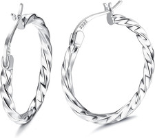925 Sterling Silver Hoop Earrings for Women 18K White Gold Plated Twisted Hoop E