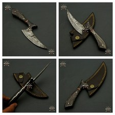 Handmade Damascus Steel Hunting Skinner Knife with Dark Wood Handle & Sheath