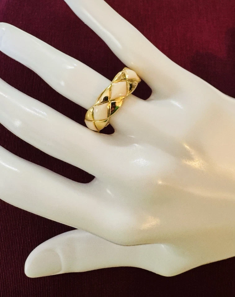 Cushion Cut Channel 14K Gold Dipped Enameled Ivory, Adjustable Ring - Image 2 of 4