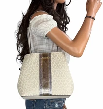 Michael Kors Pratt MD Shoulder Tote Bucket Bag MK Center Stripe Pale Gold Multi